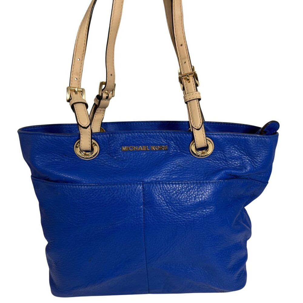 Michael Kors Bedford Heritage Double Pocket Blue Top Zip Pocket Handbag Tote